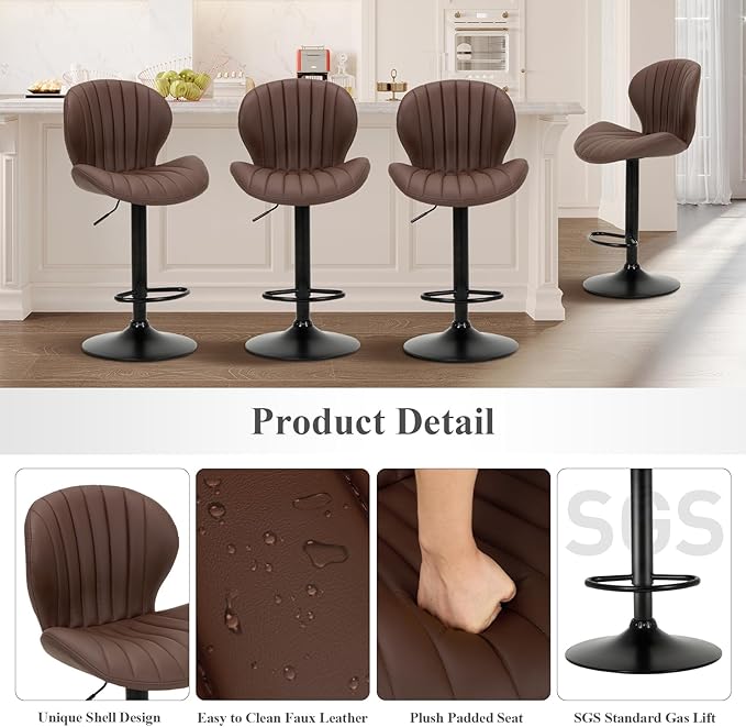 COLAMY Bar Stools Set of 4, Modern Swivel Bar Chairs, Adjustable Faux Leather - Image 5