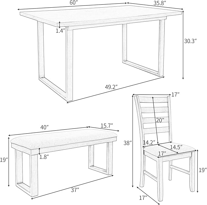 6 Pieces Dining Table Set with 60" Rectangle Kitchen Desk, Wooden Living Room - Image 2