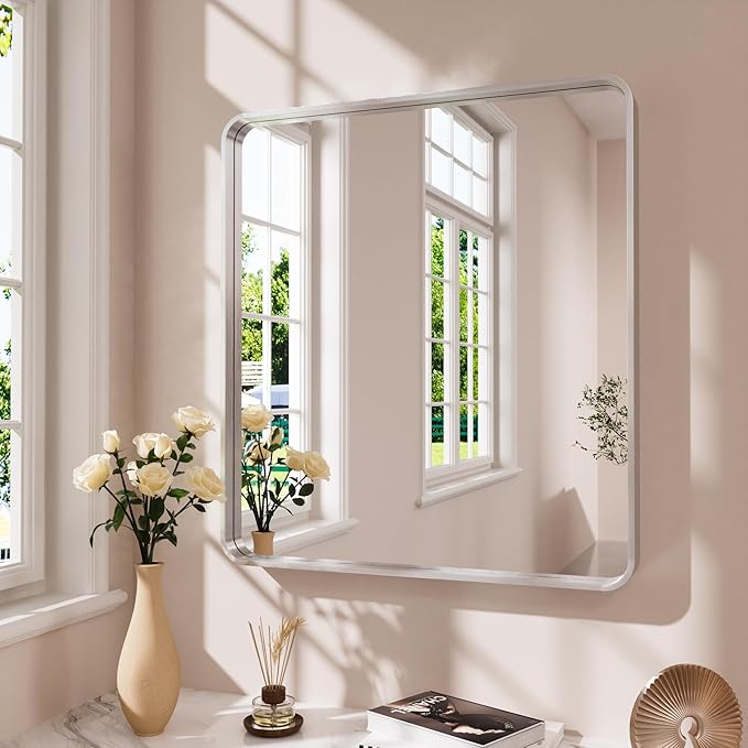 Brushed Nickel Bathroom Mirror 38x38 Inch, Brushed Silver Metal Frame Mirror by JISOSO
