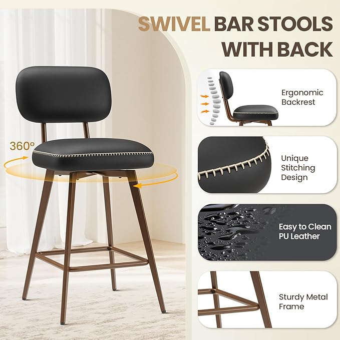 Swivel Bar Stools Set of 6, Mid Century PU Leather Counter Height Bar Chairs - Image 5