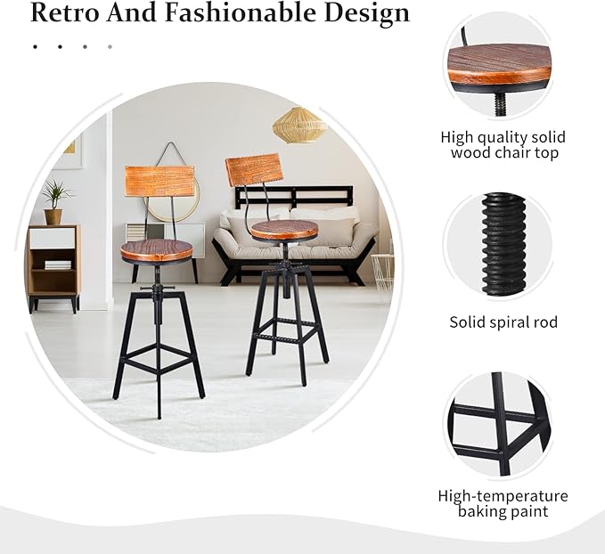 Industrial Bar Stools with Wood Backrest 25-32inch Height Adjustable Kitchen - Image 3