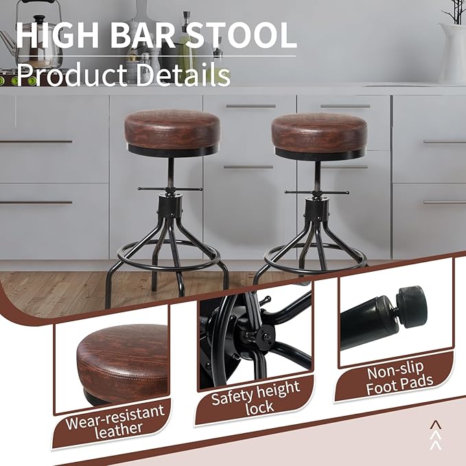 Counter Height Bar Stools Set of 3 Adjustable Swivel Barstools Industrial - Image 6