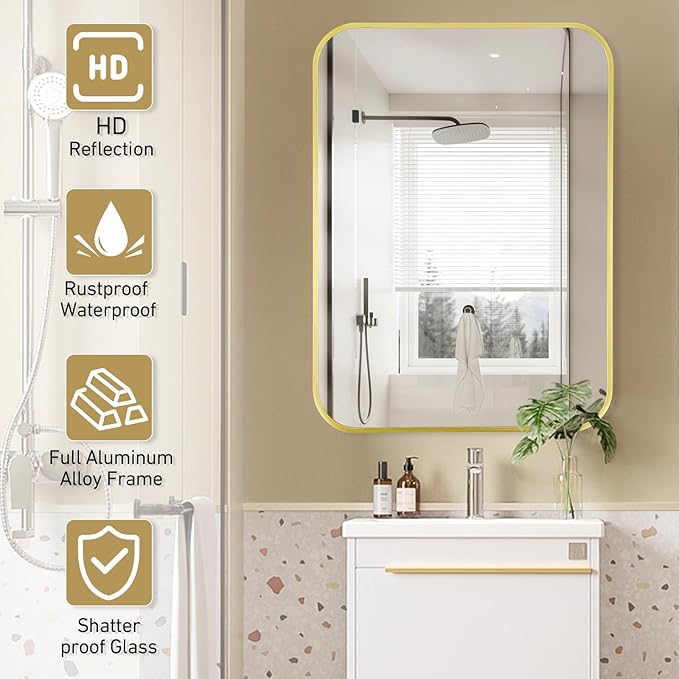 24x36 Inch Bathroom Mirror for Wall, Matte Gold Framed Rectangle Mirror - Image 4