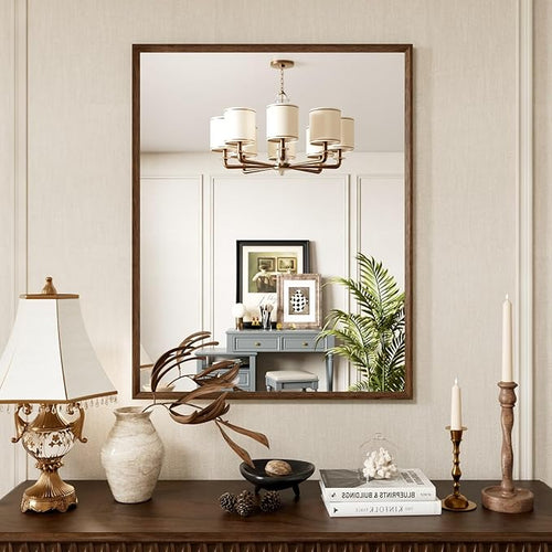 28x36 Inch Rectangle Walnut Bathroom Mirror, Anti-Rust 4MM Tempered Glass - Image 2