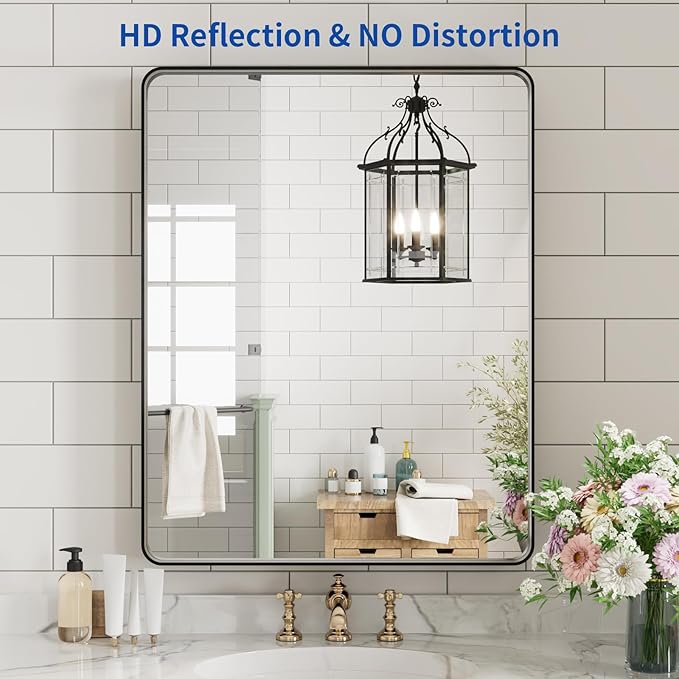 WEER Black Bathroom Vanity Mirror 20X28 Inch, Rounded Rectangle Black Metal - Image 2