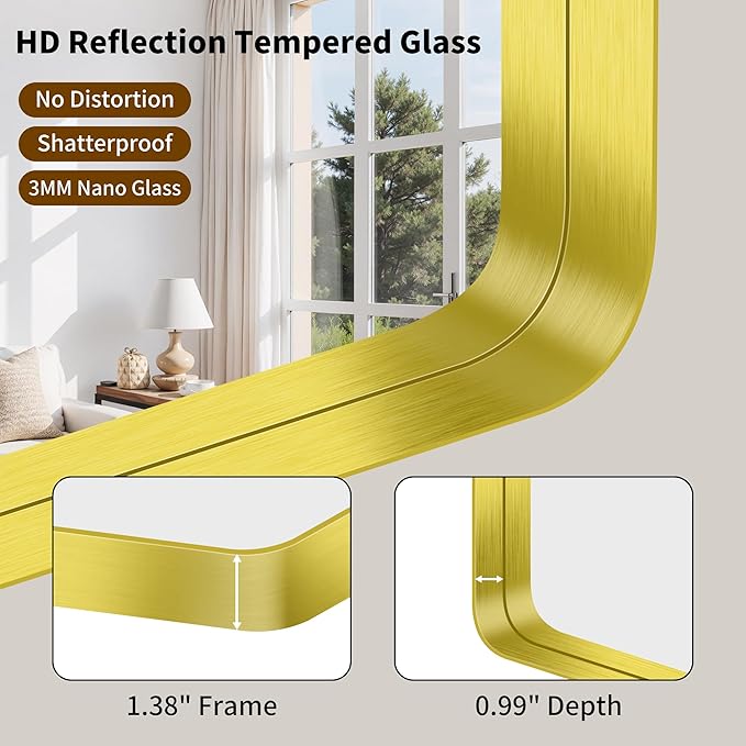 FORBATH 48x40 Inch Bathroom Mirror, Brushed Gold Deep Frame Wall Mirror - Image 7
