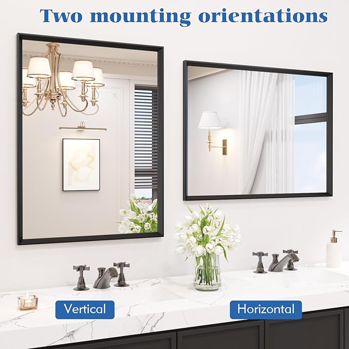 Rectangle Bathroom Mirror 28x36 Inch, Matte Black Framed, 4MM Tempered Glass - Image 3