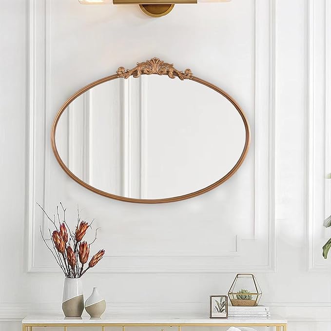 Oval Gold Mirror for Bathroom Vanity, Baroque Ornate Vintage Wall Mirror - Image 4
