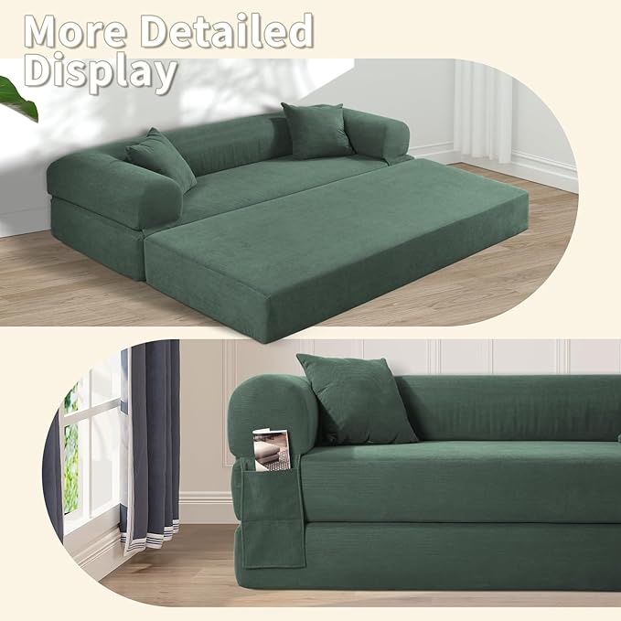 80" Convertible Sofa Bed, Corduroy Deep Seat Folding Pull Out Couch - Image 6