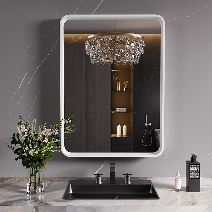 White Bathroom Mirror 24x36 Inch, Rounded Rectangle Matte Bathroom Vanity Mirror - Image 2