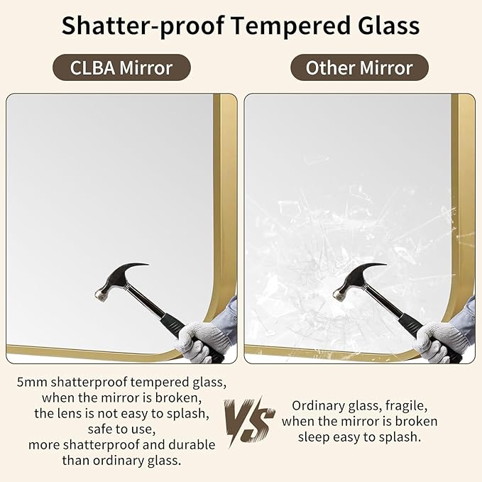Gold Bathroom Mirror, 22x30 Inch Aluminum Frame Rectangle Mirror, Tempered Glass - Image 4