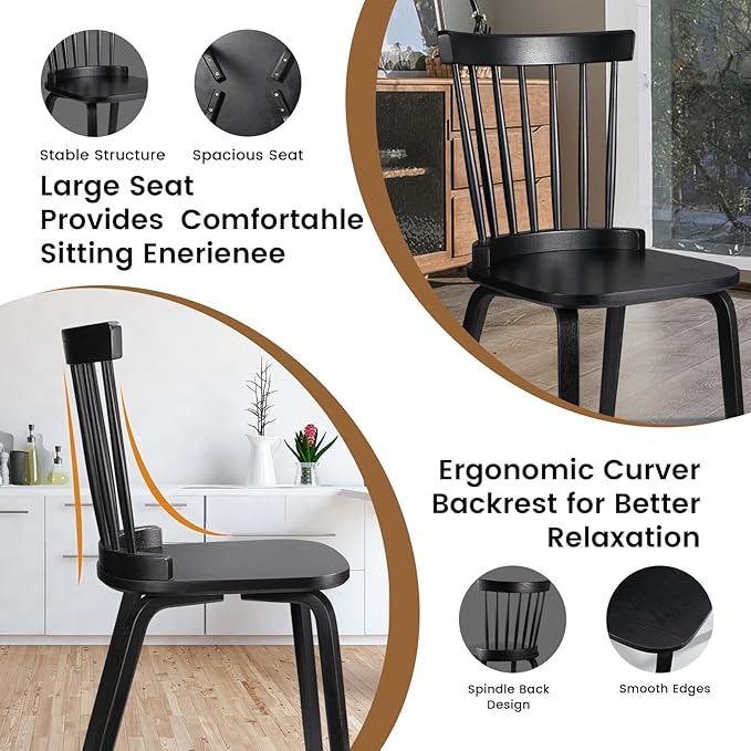 Unovivy Wood Dining Chairs Set of 2, Windsor Farmhouse Spindle Back, Widen Seat - Image 4