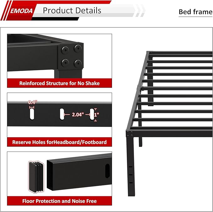 EMODA 20 Inch Queen Bed Frame No Box Spring Needed Heavy Duty Metal Tall - Image 4