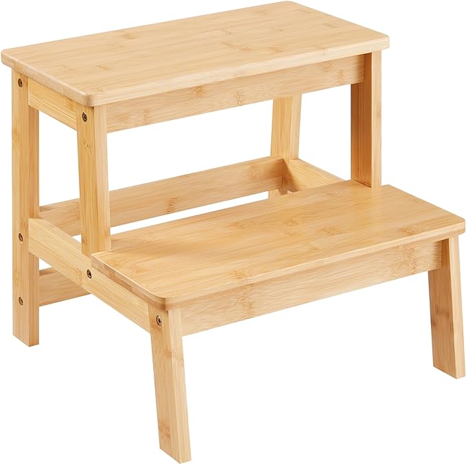 Bamboo Step Stools for Adults Kids, 2 Step Stool for Kichen/Bathroom/Bedside by Kovhzcu