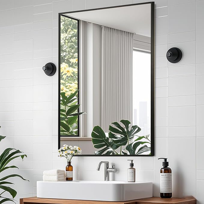 Matte Black Mirror, 40x30 Inch Aluminum Framed Rectangle Mirror, Tempered Glass by CLBA