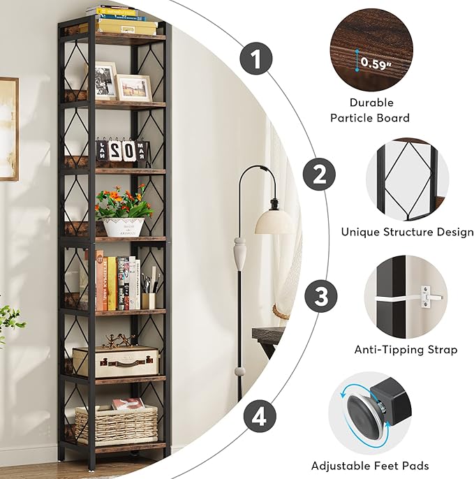 Tribesigns 78.7 Inch Extra Tall Narrow Bookshelf, 7 Tier Skinny Bookcase - Image 6