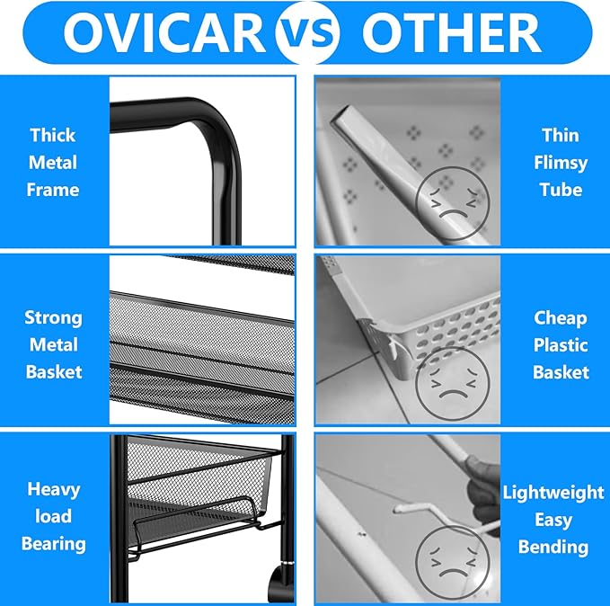OVICAR 4 Tier Mesh Wire Rolling Cart, Kitchen Storage Organizer Utility Cart - Image 7