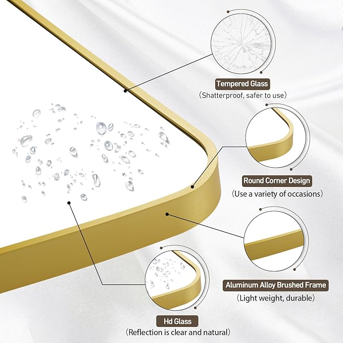 Matte Gold Mirror, 26x38 Inch Brushed Gold Mirror, Aluminum Alloy Framed Vanity - Image 3