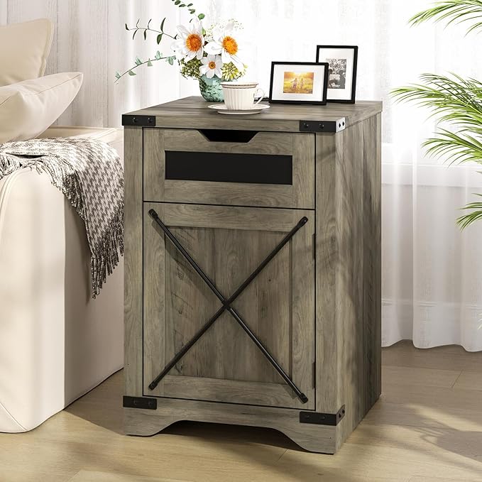 Farmhouse End Table with Charging Station, 26.4" Tall Rustic Nightstand with - Image 7
