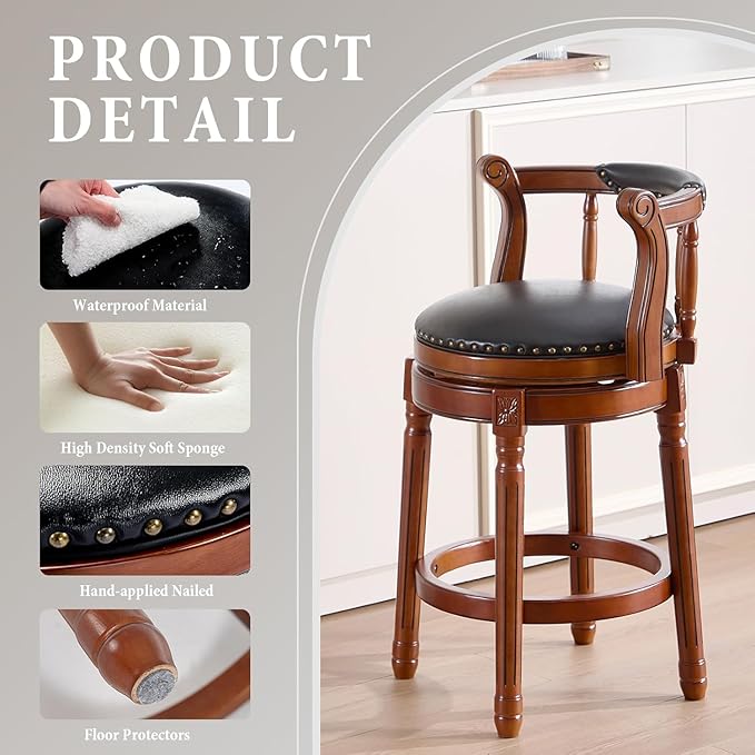 Cow top Leather Wooden Bar Stools, 360 Degree Swivel Bar Height Chair - Image 7