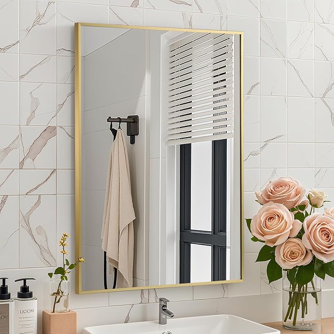 Brushed Gold Mirror, 24x32 Inch Aluminum Framed Rectangle Mirror, Tempered Glass by CLBA