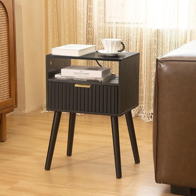Black Nightstand with Charging Station, Mid Cetury Modern Nightstand with - Image 2