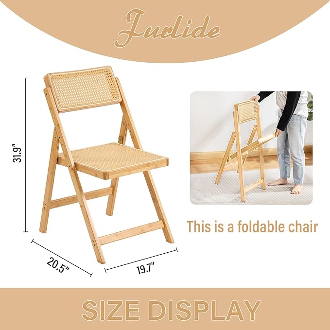 Rattan Folding Chair, Modern Mid Century Dining Chair Set of 1, Outdoor Bamboo - Image 3