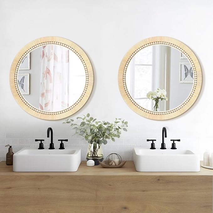 ULIKE Round Rattan Mirror, Bathroom 24 Inch Rustic Farmhouse Wall Decor - Image 5