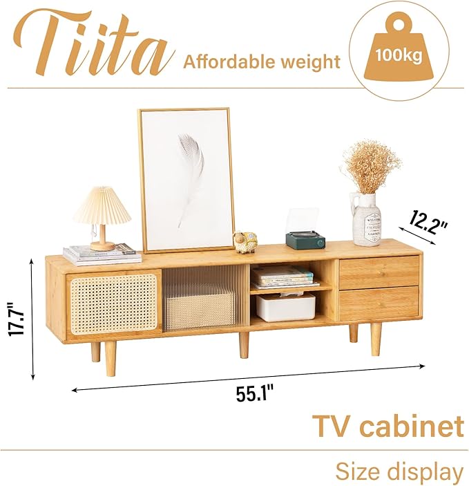 Tiita Rattan TV Stand for 55 65 Inch TV, Bamboo TV Cabinet - Image 3