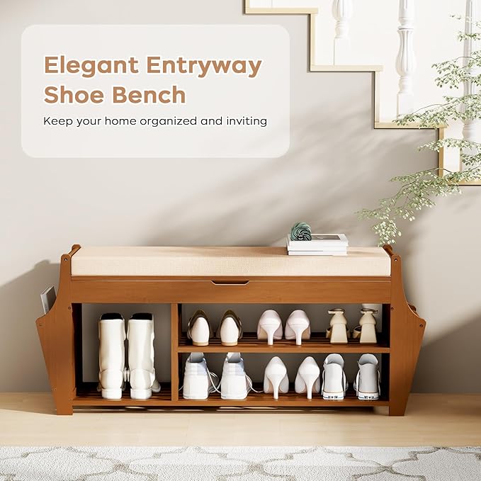 39.4in Shoe Bench with 2 Side Holder, 3 Tier Bamboo Entryway Bench with Storage - Image 5
