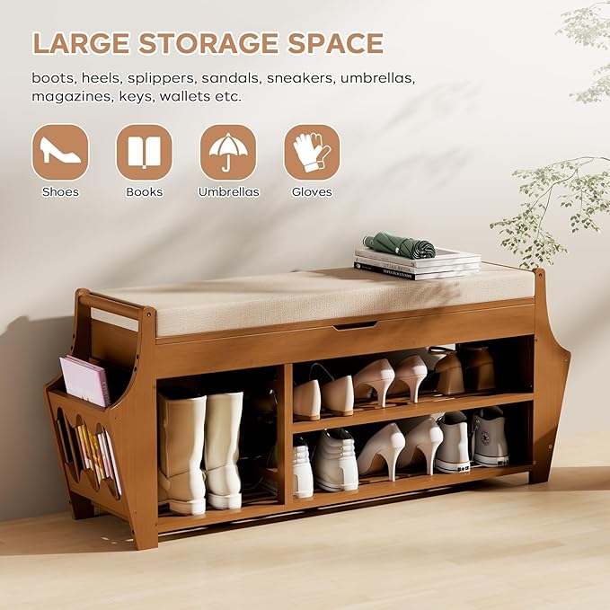 39.4in Shoe Bench with 2 Side Holder, 3 Tier Bamboo Entryway Bench with Storage - Image 7