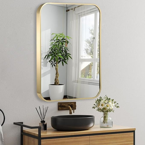 20x30 Inch Gold Bathroom Mirror, Brushed Gold Metal Framed Rectangular Mirror - Image 2