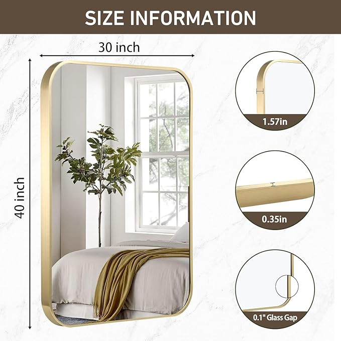 Gold Bathroom Mirror, 48x30 Inch Brushed Gold Mirror, Aluminum Alloy Framed - Image 5