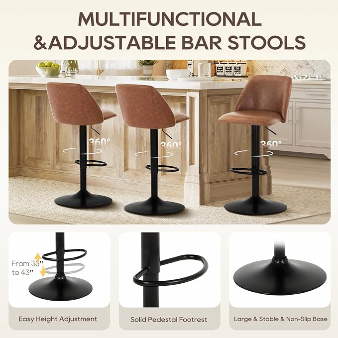 COLAMY Bar Stools Set of 6, Modern Swivel Bar Chairs, Adjustable PU Leather - Image 4