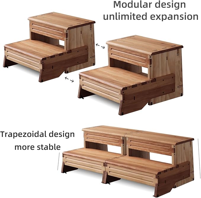 16" Wooden Two Step Stool for Adult & Kid, Deeper & Safer Bedside Steps - Image 8