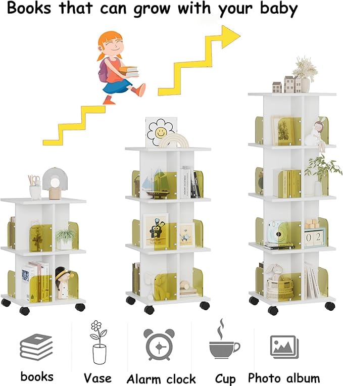 VECELO Rotating Bookshelf with Brake Wheels, 360°Display 4 Tier Floor Stackable - Image 9