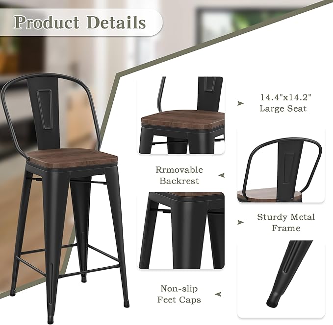 Yongqiang Black Metal Bar Stools Set of 4 Bar Height Stools Kitchen Island - Image 7