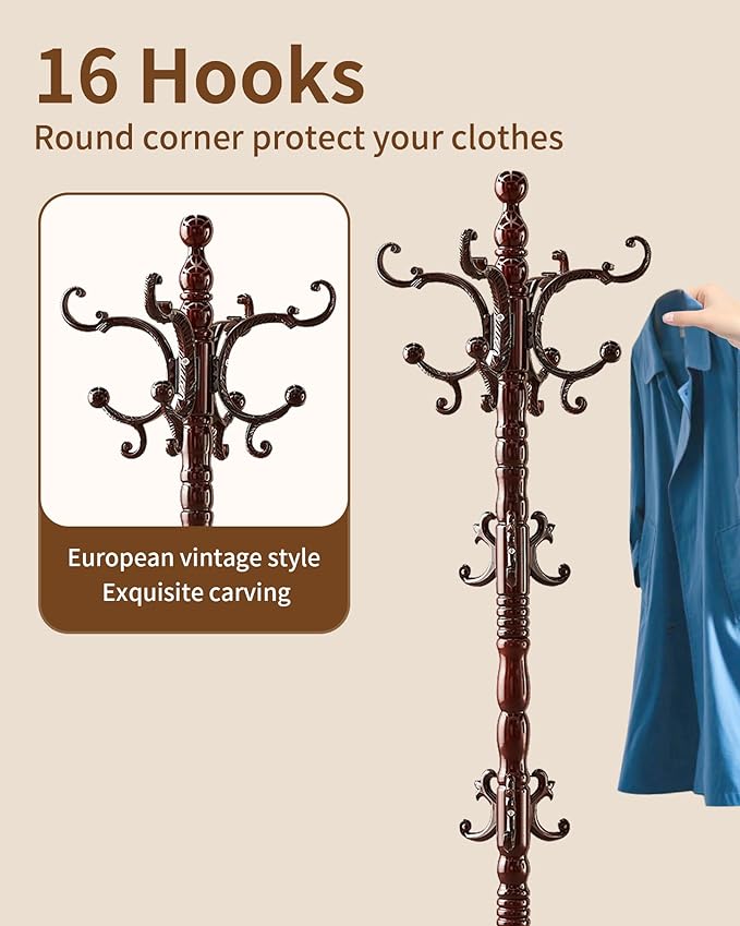 EZIVIEZ Wooden Coat Rack Stand, Solid Wood Freestanding Coat Rack, Vintage Coat - Image 4