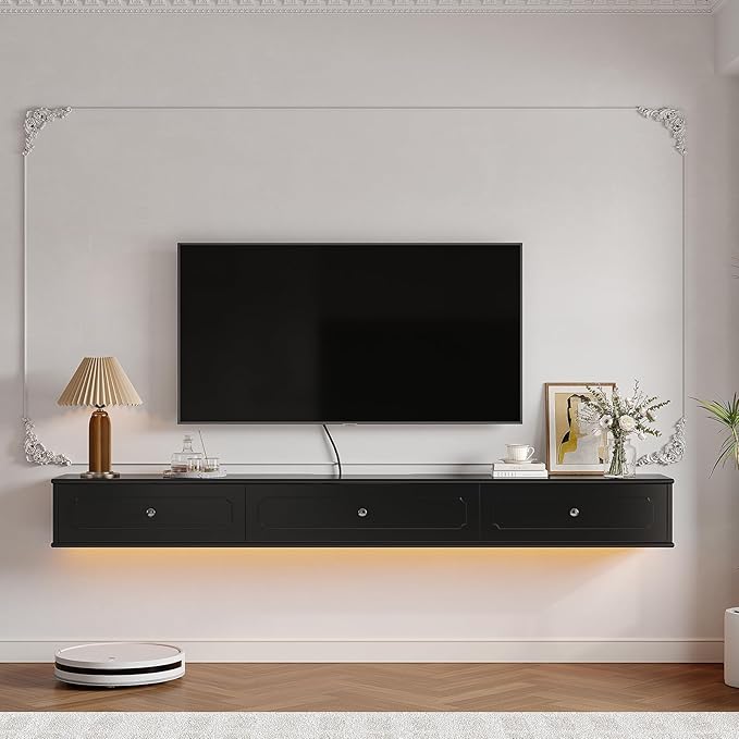 Retro Floating TV Console with 3 Doors, Wall Mounted TV Cabinet, Contemporary - Image 3