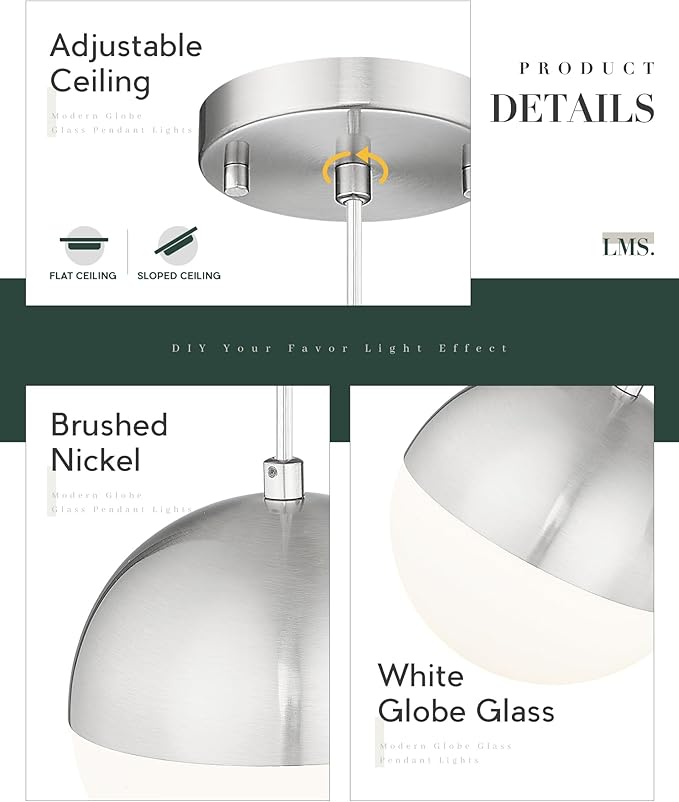 LMS 6-inch Brushed Nickel Pendant Light, Mid Century Kitchen Island Pendant - Image 2