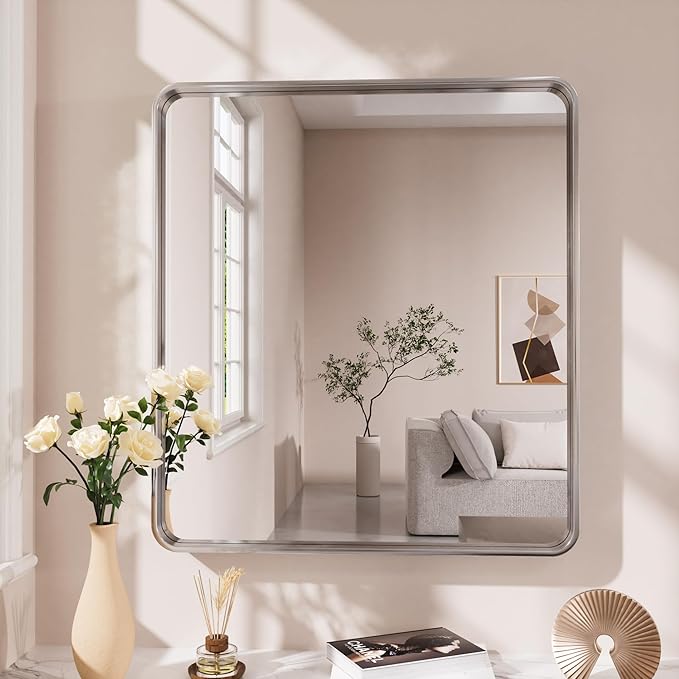 Brushed Nickel Bathroom Mirror, 30x36 Inch Thick Silver Metal Rectangle Frame - Image 2