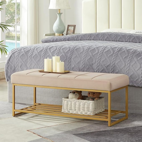 24KF Taupe Velvet Upholstered End of Bed Bench by WEMARTHOMEDECOR