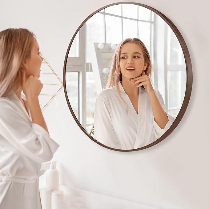 30 inch Circle Wall Mirror, Brushed Bronze Metal Framed Round Mirror - Image 8