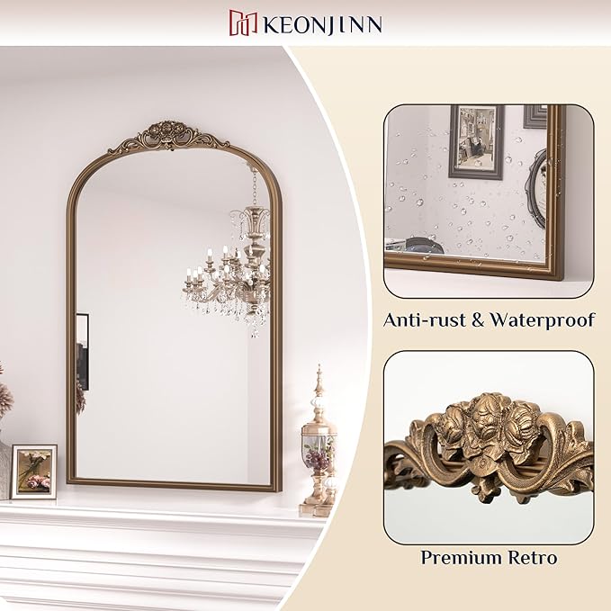 Keonjinn Arched Gold Wall Mirror, Traditional Brass Mirror, Decorative Baroque - Image 6
