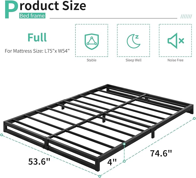 4 Inch Full Size Bed Frame No Box Spring Needed, Heavy Duty Metal Platform Beds - Image 2