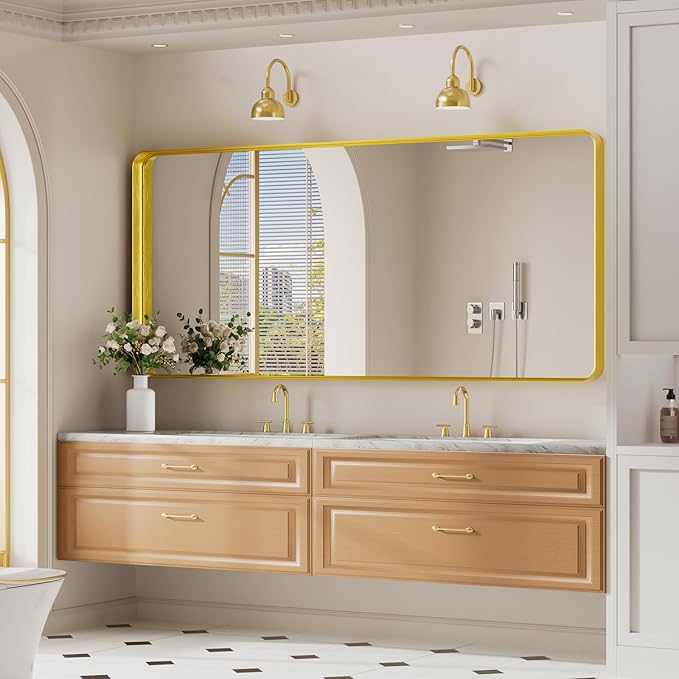 Koonmi Gold Bathroom Mirror for Wall, 30x71 Inch Matte Metal Deep Framed - Image 6
