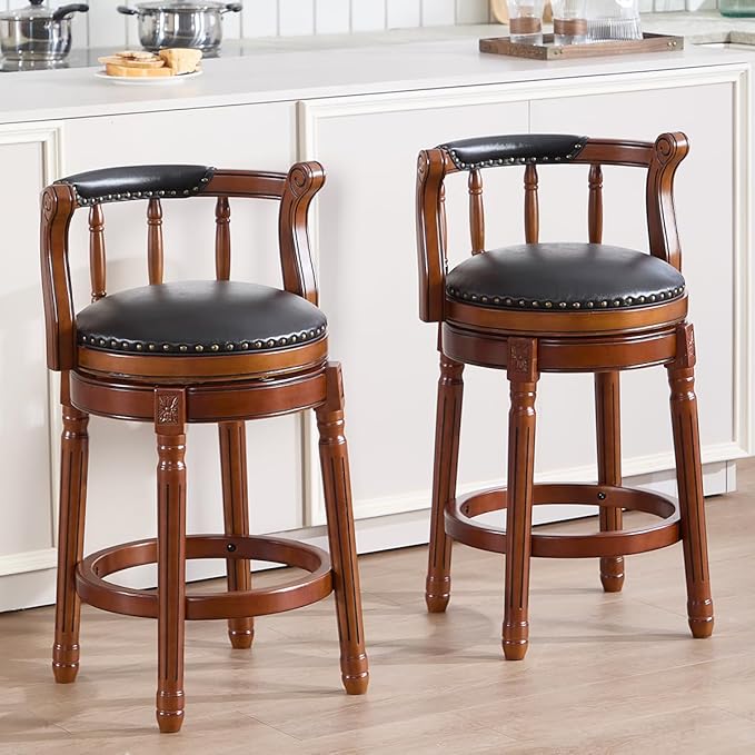 Cow top Leather Wooden Bar Stools, 360 Degree Swivel Bar Height Chair - Image 2
