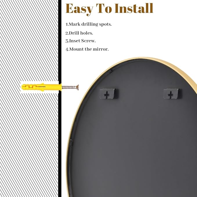 Gold Round Bathroom Mirror, 24 inch Circle Wall Mounted Hanging Mirror - Image 6