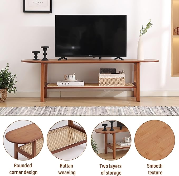 Tiita TV Stand with Storage for TV up to 65 inch, Bamboo Rattan TV Console - Image 4