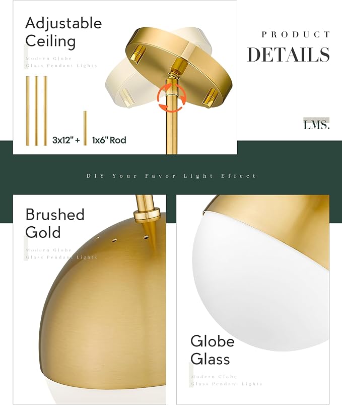 LMS 2-Pack Brushed Gold Pendant Lights, Modern Pendant Light - Image 2